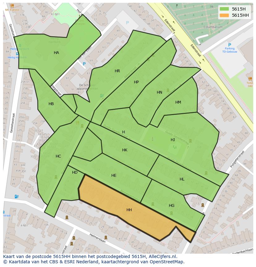 Afbeelding van het postcodegebied 5615 HH op de kaart.