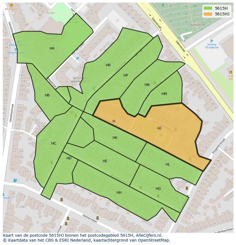 Afbeelding van het postcodegebied 5615 HJ op de kaart.