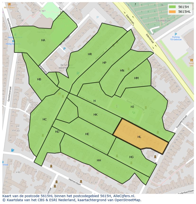 Afbeelding van het postcodegebied 5615 HL op de kaart.