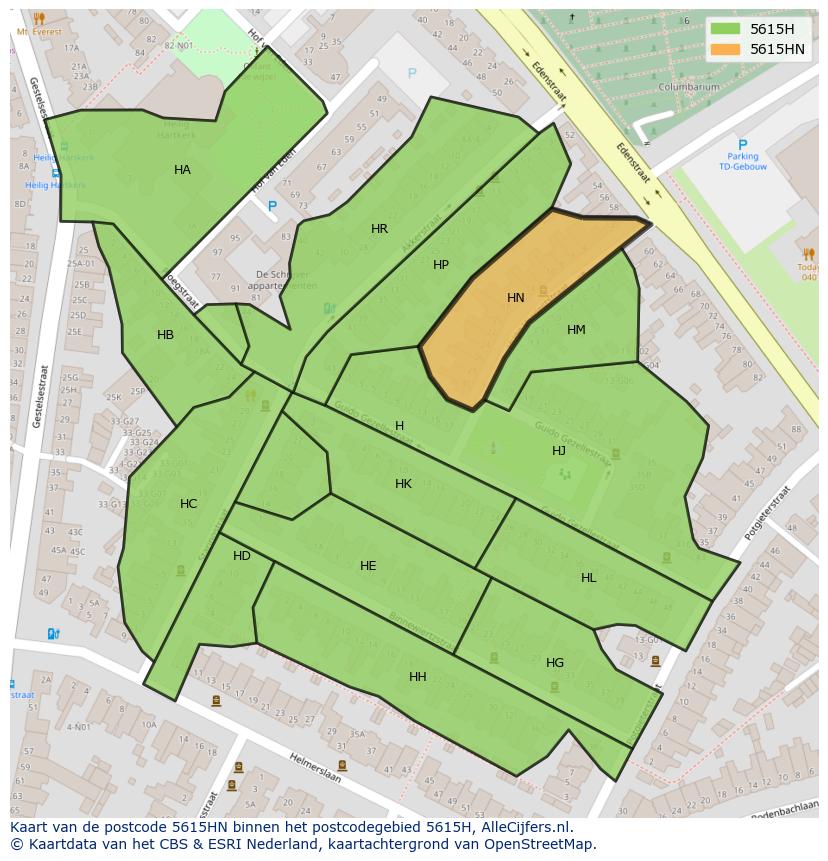 Afbeelding van het postcodegebied 5615 HN op de kaart.