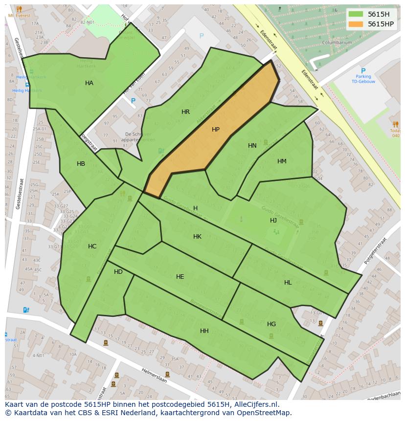 Afbeelding van het postcodegebied 5615 HP op de kaart.