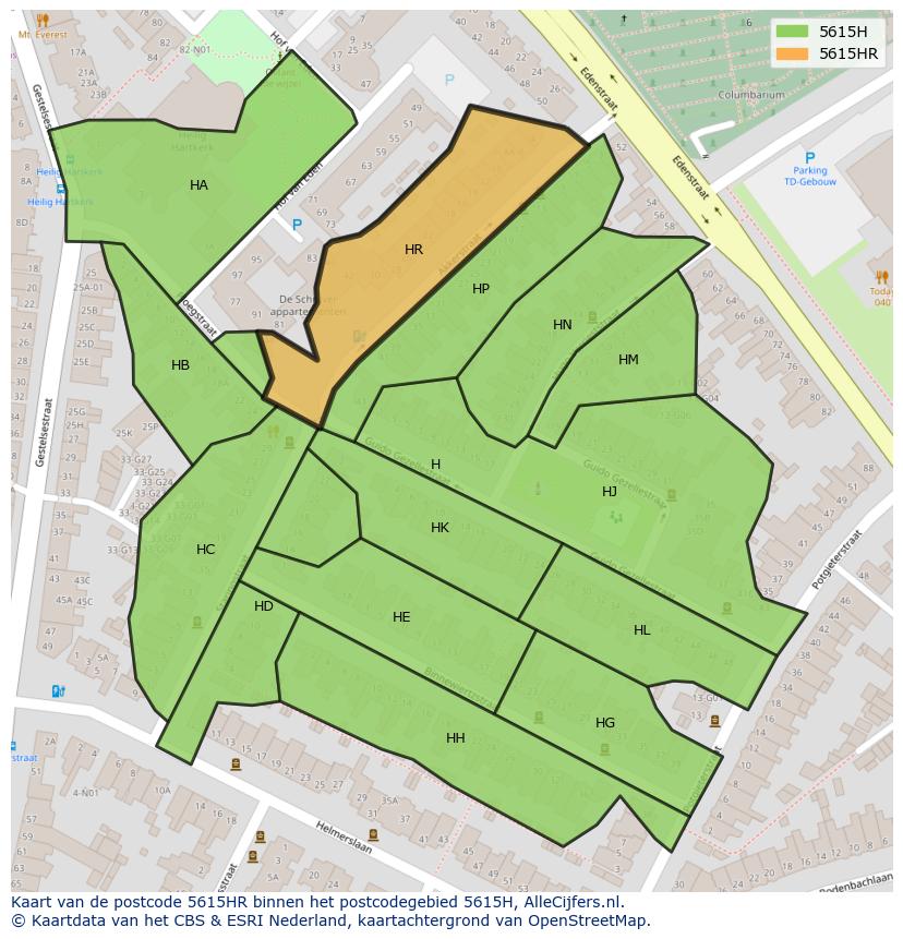Afbeelding van het postcodegebied 5615 HR op de kaart.