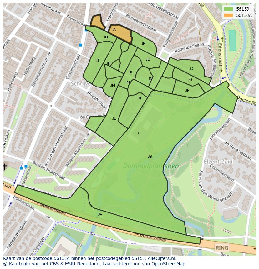 Afbeelding van het postcodegebied 5615 JA op de kaart.
