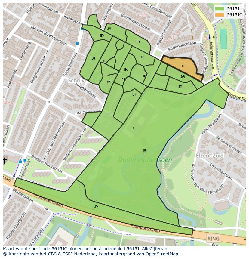 Afbeelding van het postcodegebied 5615 JC op de kaart.