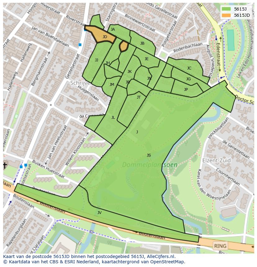 Afbeelding van het postcodegebied 5615 JD op de kaart.