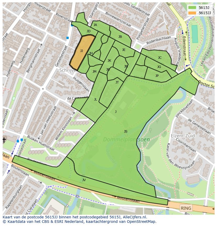Afbeelding van het postcodegebied 5615 JJ op de kaart.