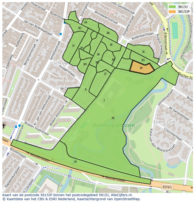Afbeelding van het postcodegebied 5615 JP op de kaart.
