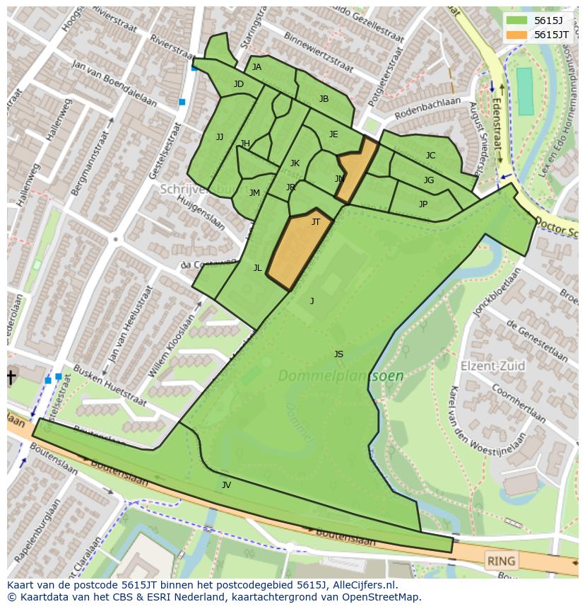 Afbeelding van het postcodegebied 5615 JT op de kaart.