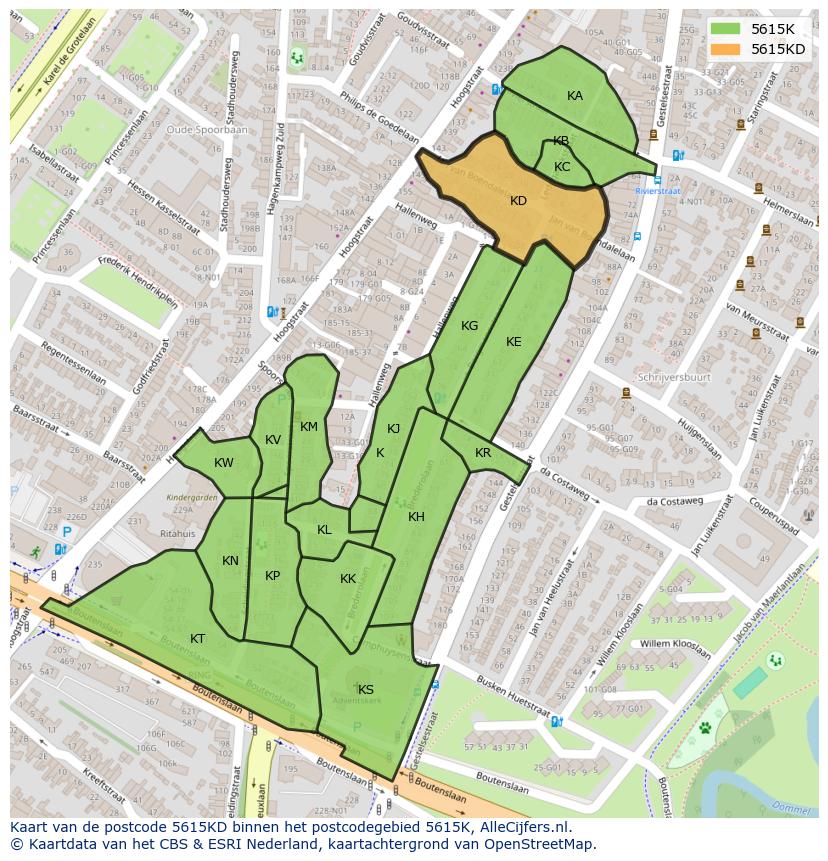 Afbeelding van het postcodegebied 5615 KD op de kaart.