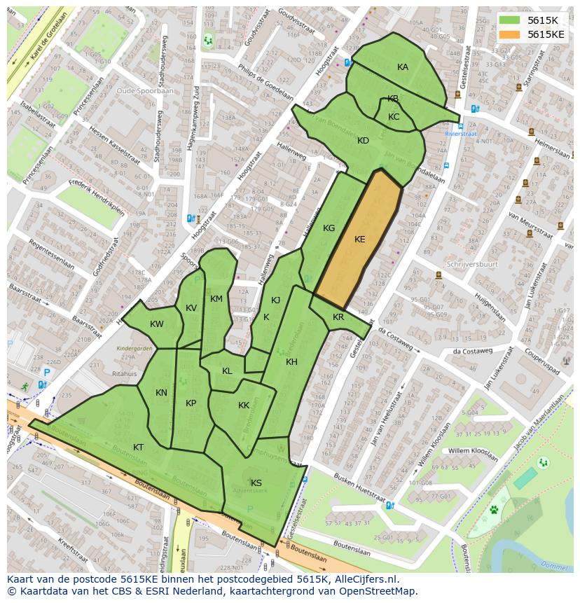 Afbeelding van het postcodegebied 5615 KE op de kaart.