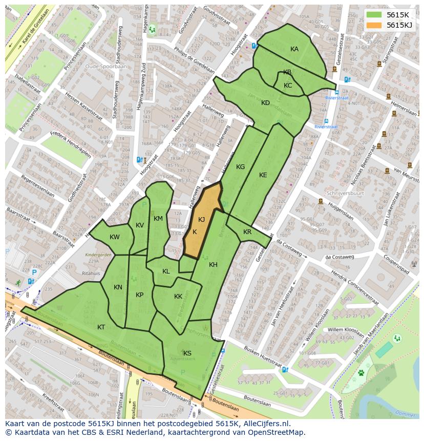 Afbeelding van het postcodegebied 5615 KJ op de kaart.