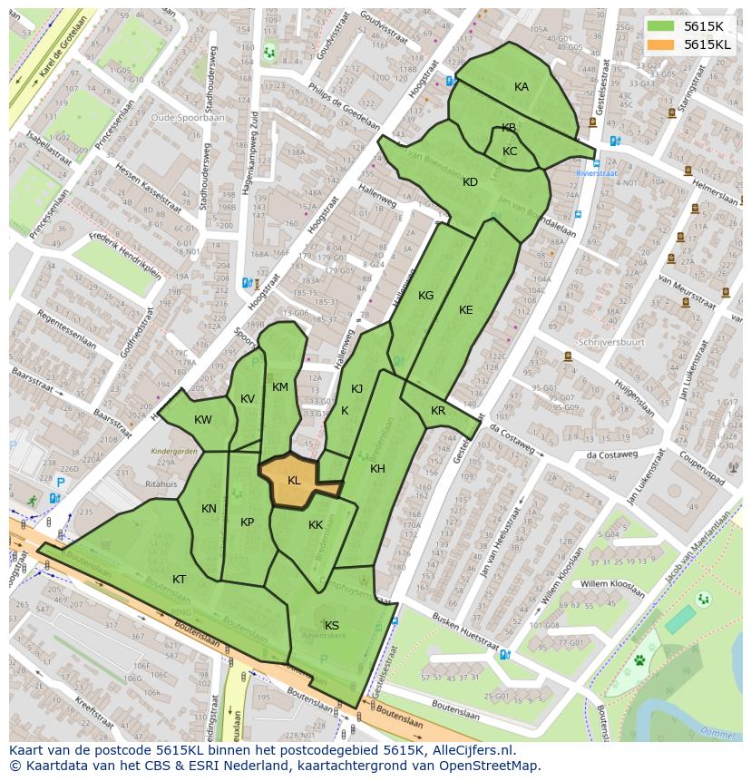 Afbeelding van het postcodegebied 5615 KL op de kaart.