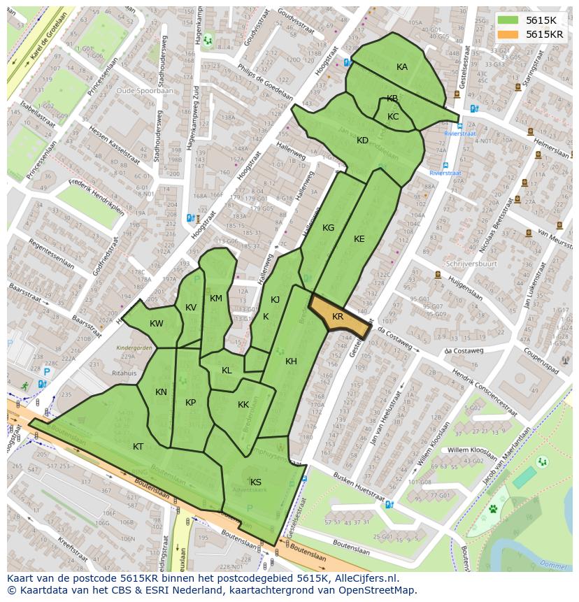 Afbeelding van het postcodegebied 5615 KR op de kaart.