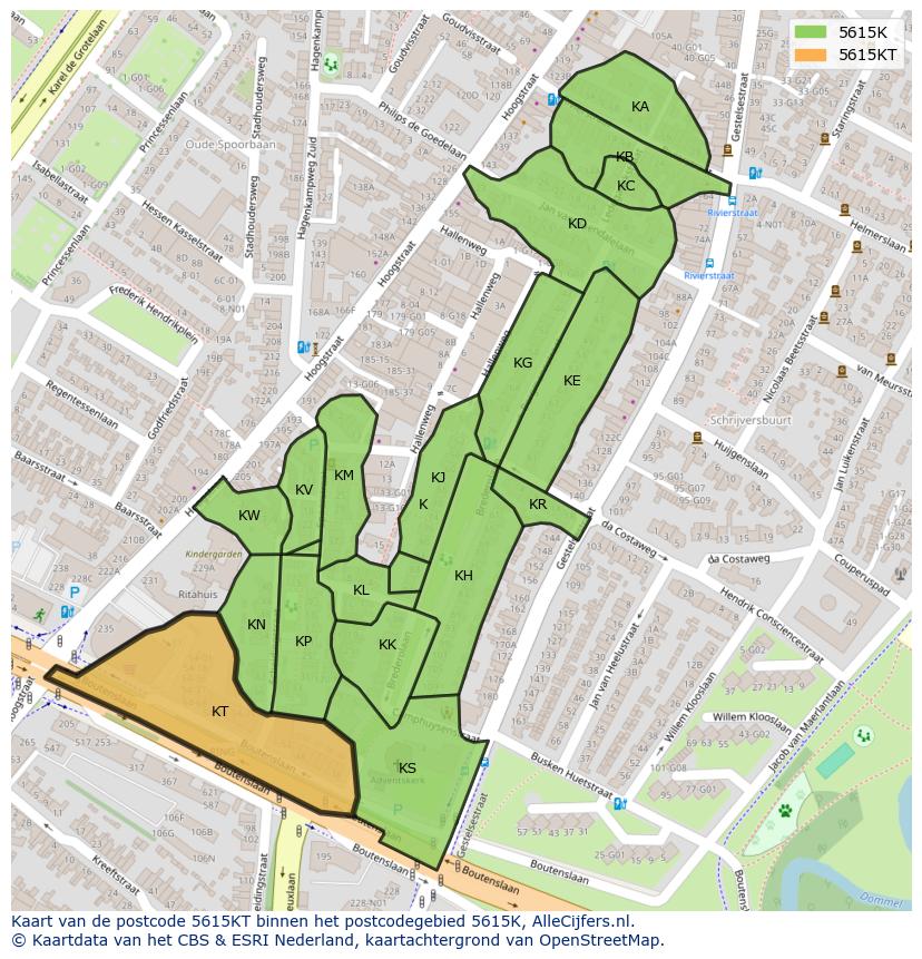 Afbeelding van het postcodegebied 5615 KT op de kaart.