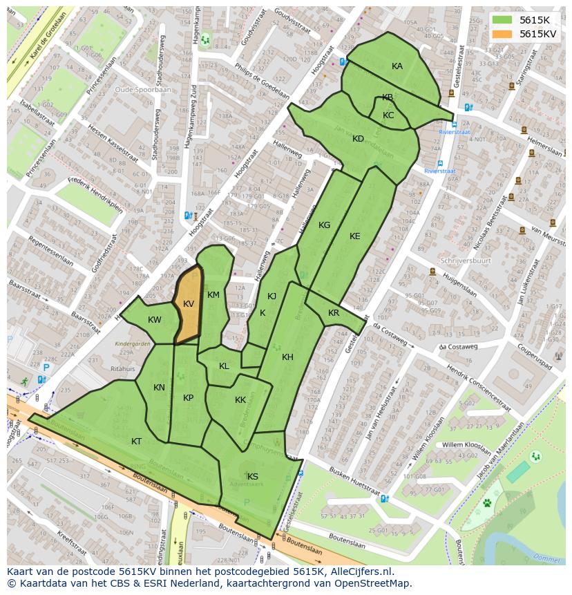 Afbeelding van het postcodegebied 5615 KV op de kaart.