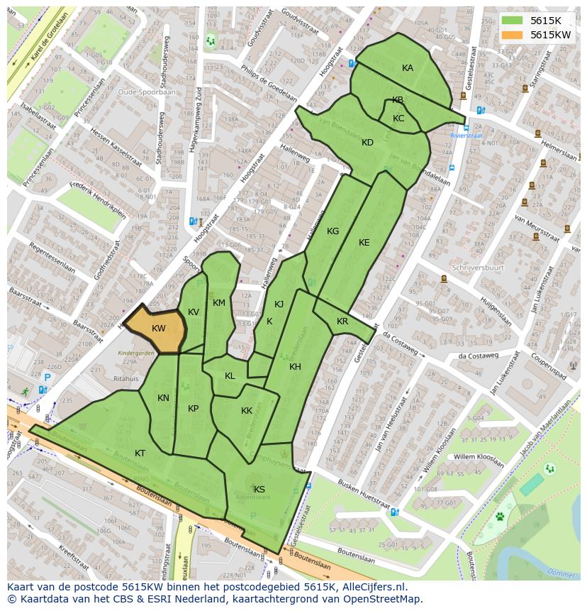 Afbeelding van het postcodegebied 5615 KW op de kaart.