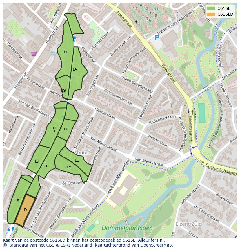 Afbeelding van het postcodegebied 5615 LD op de kaart.