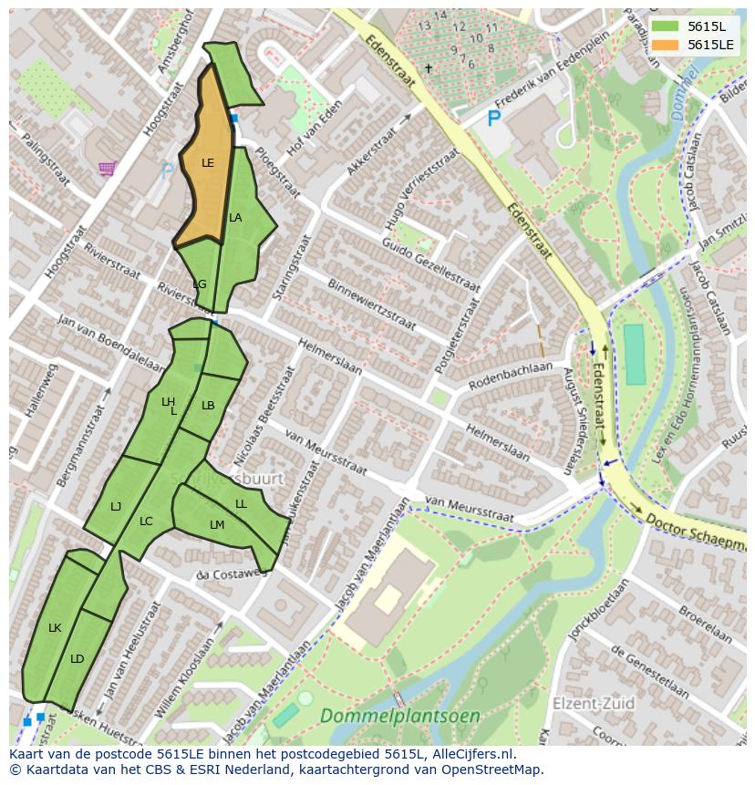 Afbeelding van het postcodegebied 5615 LE op de kaart.
