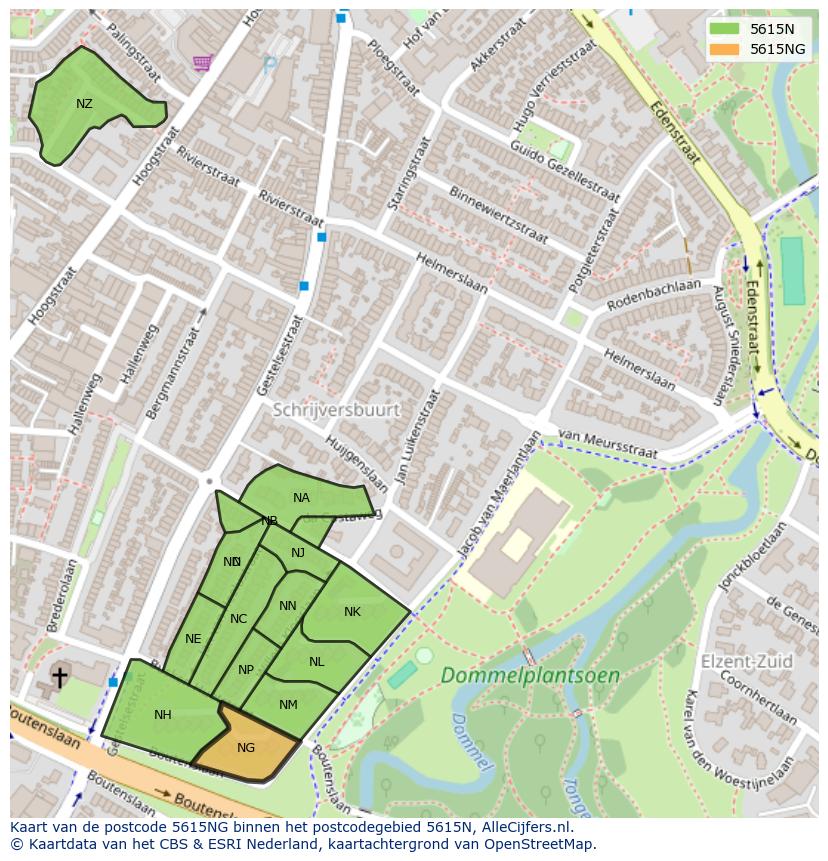 Afbeelding van het postcodegebied 5615 NG op de kaart.