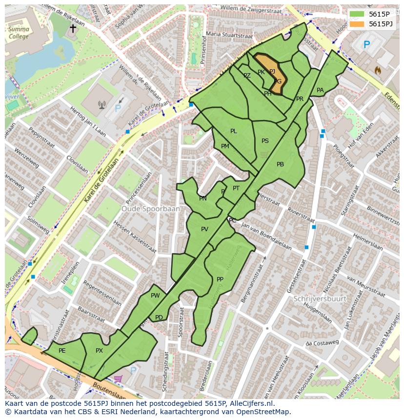 Afbeelding van het postcodegebied 5615 PJ op de kaart.