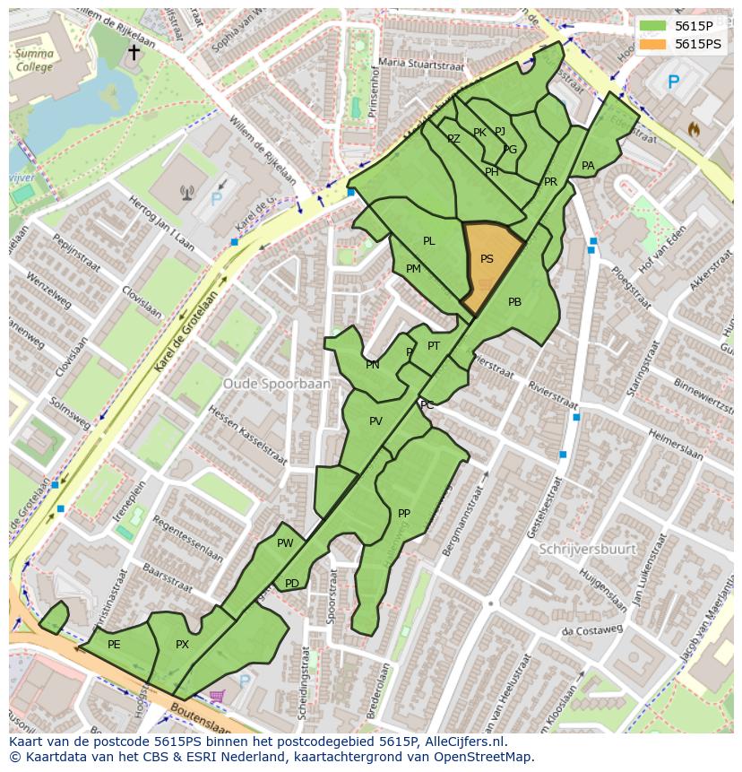 Afbeelding van het postcodegebied 5615 PS op de kaart.