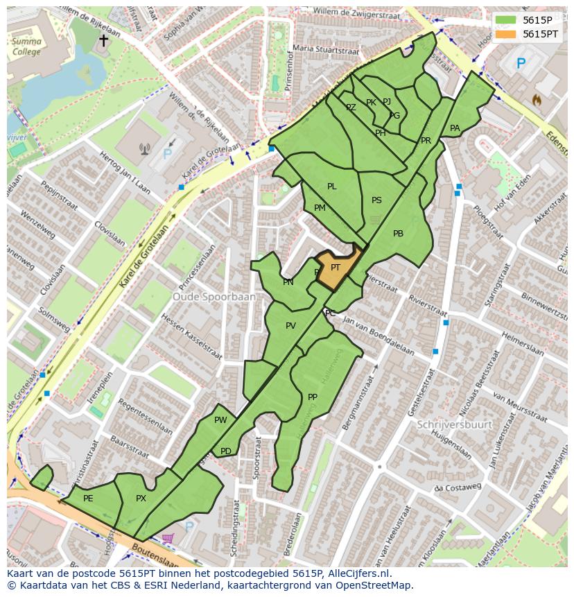 Afbeelding van het postcodegebied 5615 PT op de kaart.