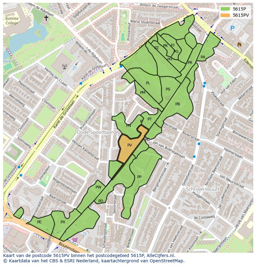 Afbeelding van het postcodegebied 5615 PV op de kaart.