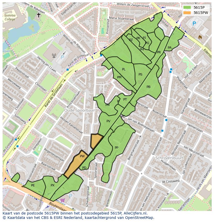 Afbeelding van het postcodegebied 5615 PW op de kaart.
