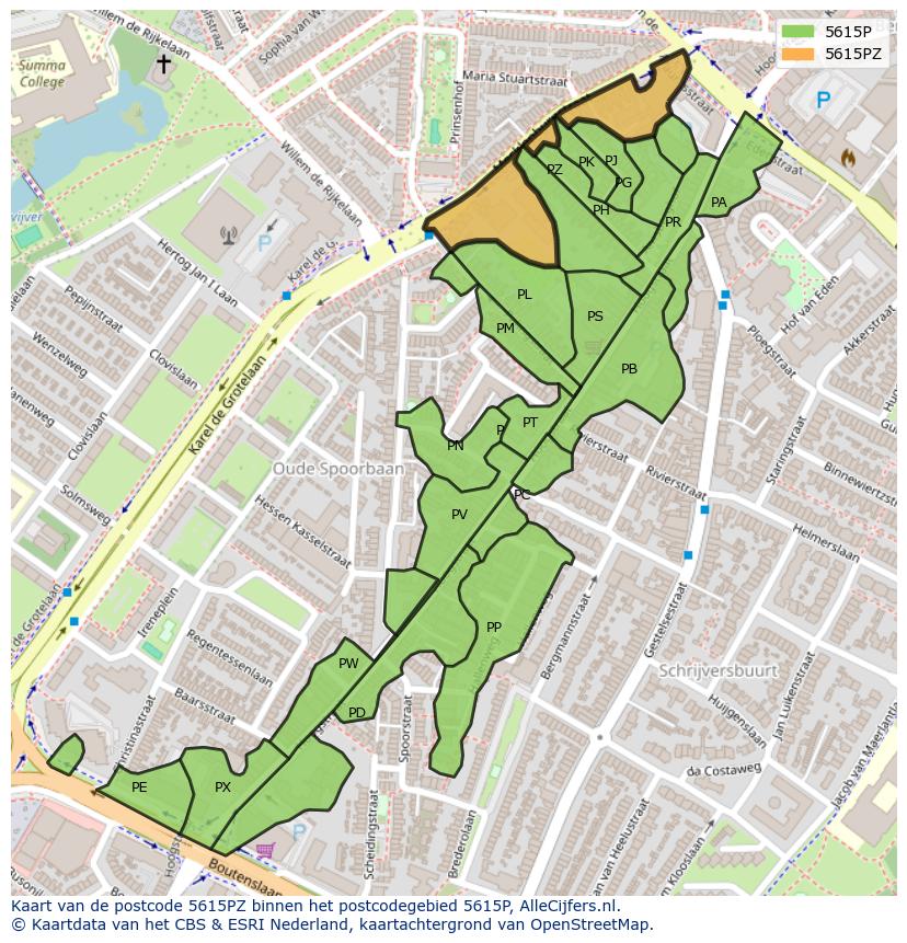 Afbeelding van het postcodegebied 5615 PZ op de kaart.
