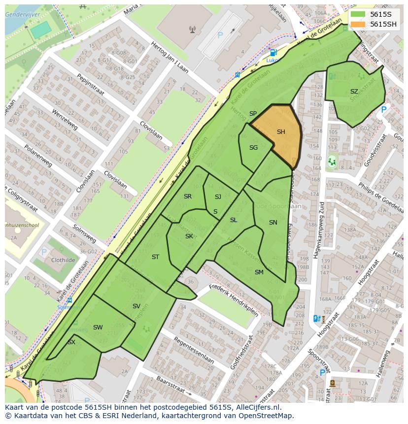 Afbeelding van het postcodegebied 5615 SH op de kaart.