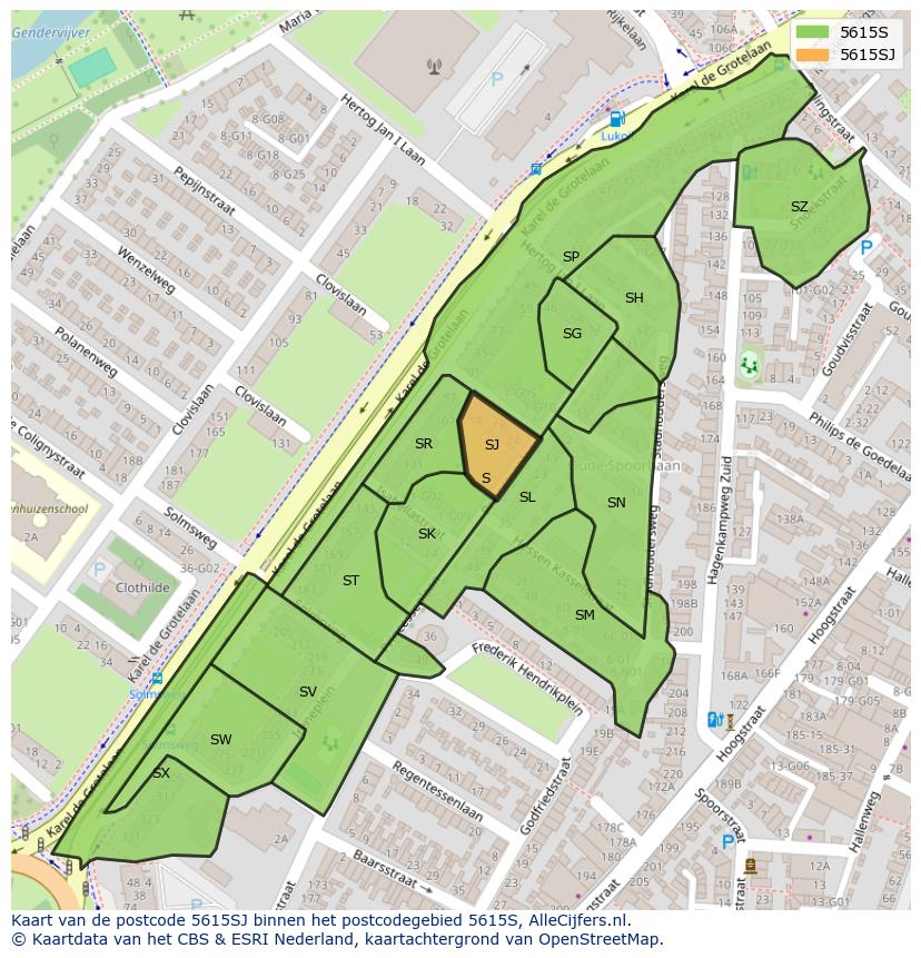 Afbeelding van het postcodegebied 5615 SJ op de kaart.