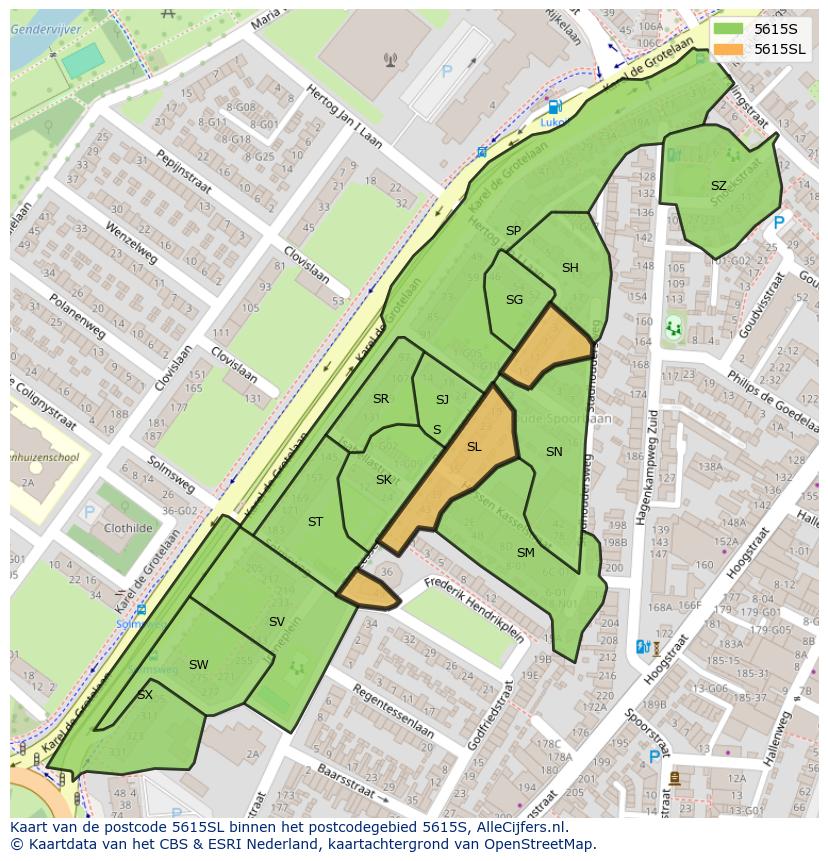 Afbeelding van het postcodegebied 5615 SL op de kaart.