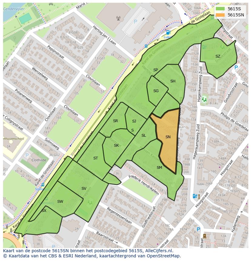 Afbeelding van het postcodegebied 5615 SN op de kaart.