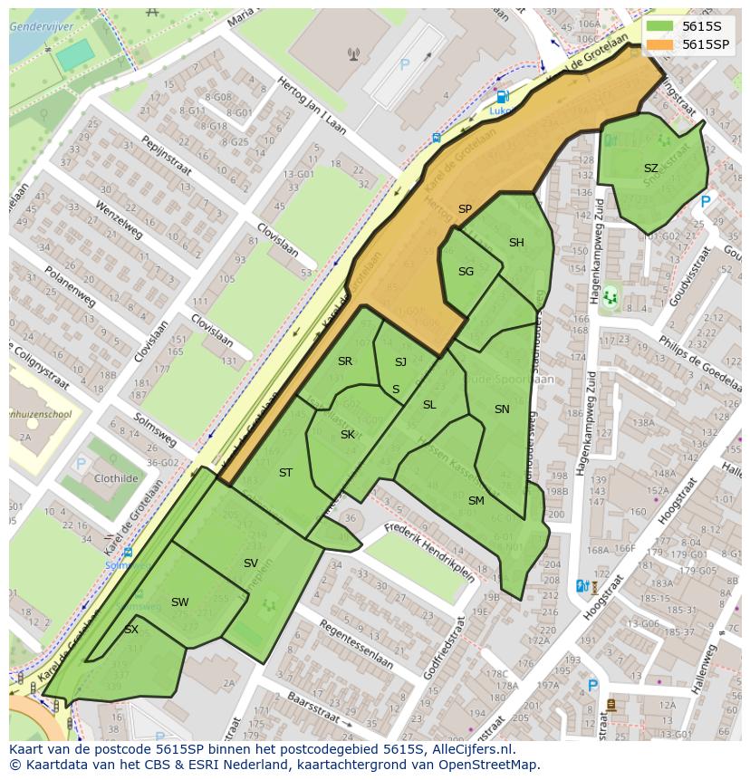 Afbeelding van het postcodegebied 5615 SP op de kaart.