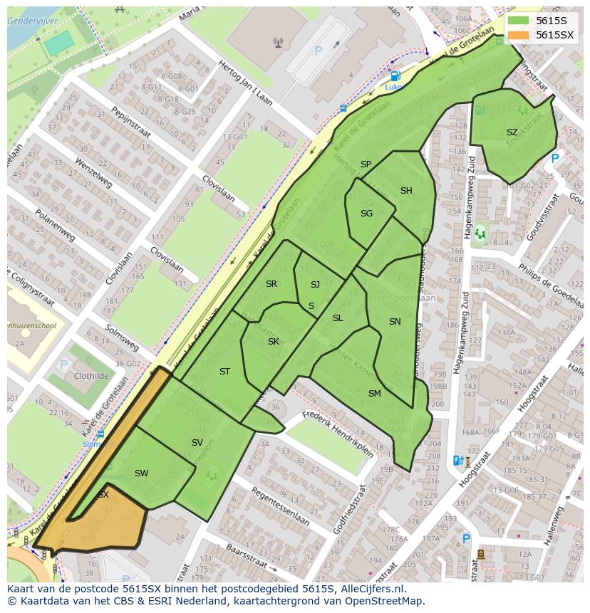 Afbeelding van het postcodegebied 5615 SX op de kaart.