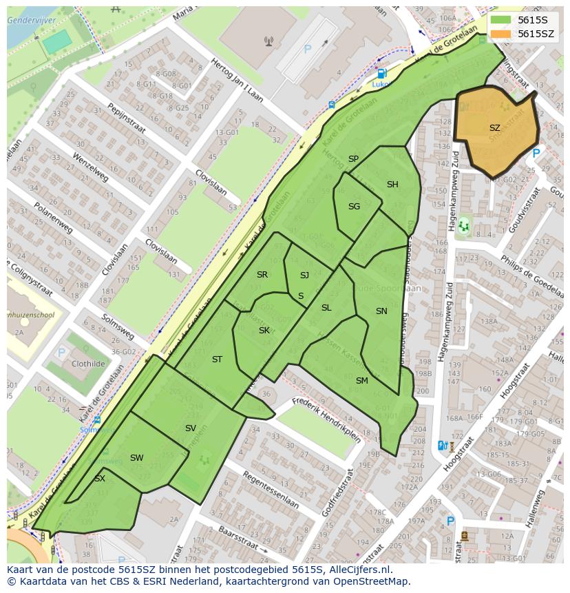 Afbeelding van het postcodegebied 5615 SZ op de kaart.