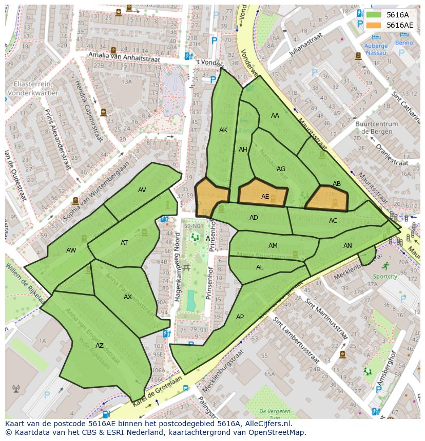 Afbeelding van het postcodegebied 5616 AE op de kaart.