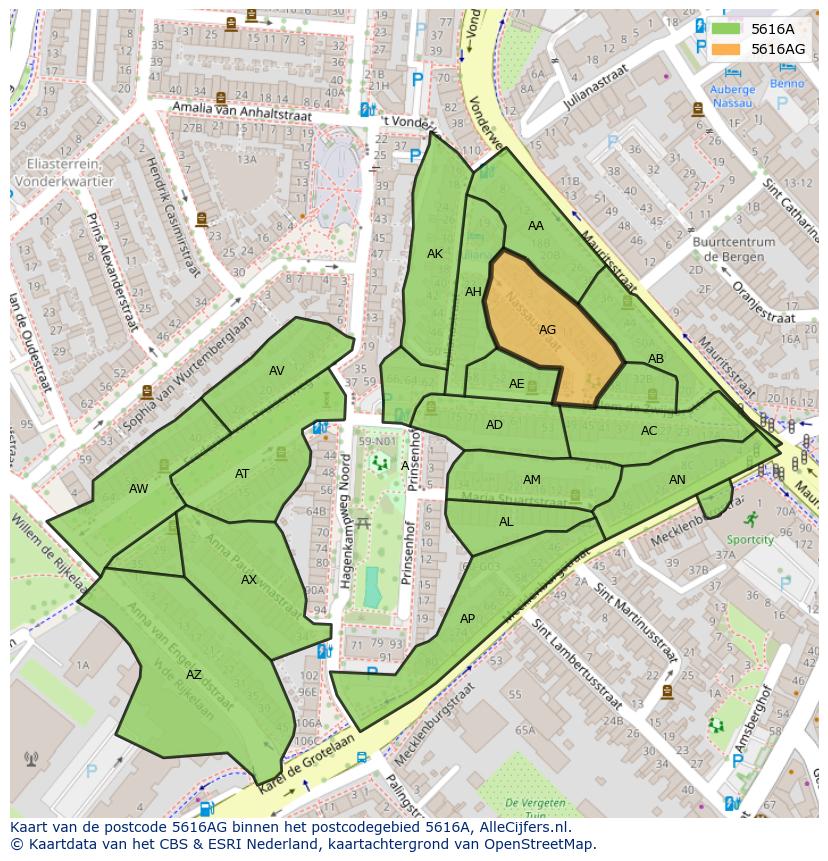 Afbeelding van het postcodegebied 5616 AG op de kaart.