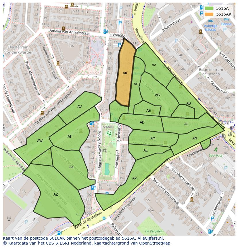 Afbeelding van het postcodegebied 5616 AK op de kaart.