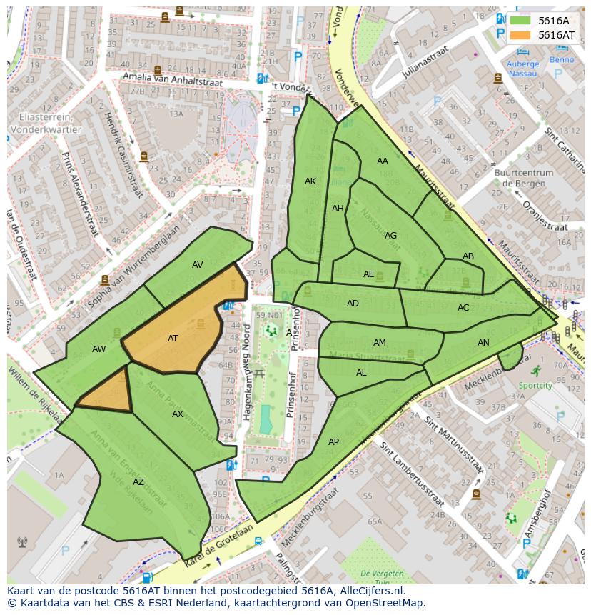 Afbeelding van het postcodegebied 5616 AT op de kaart.