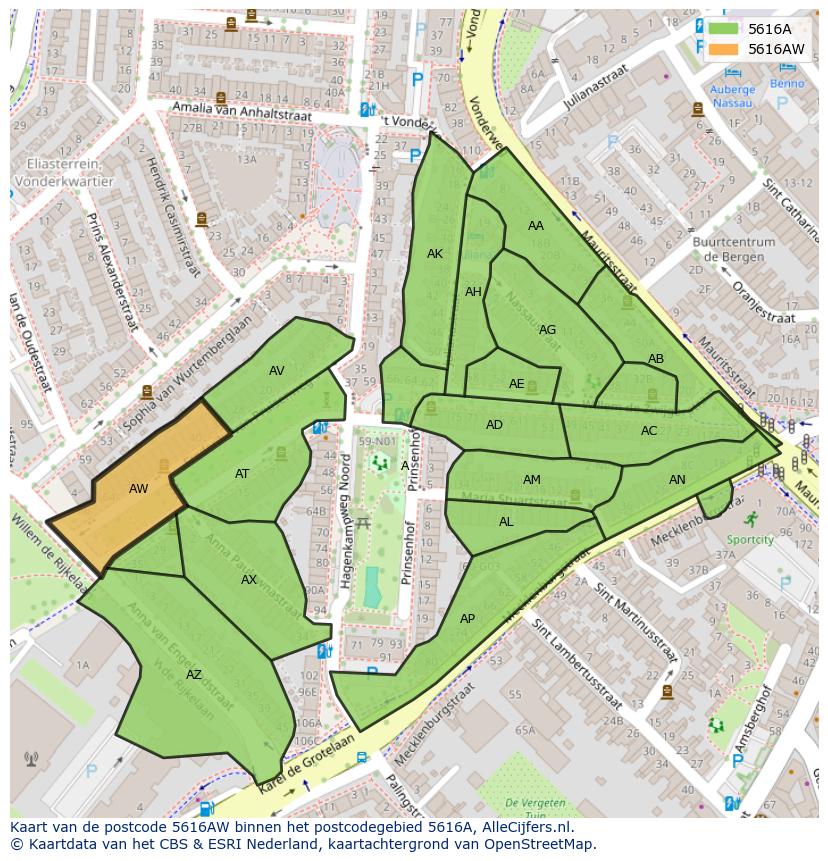 Afbeelding van het postcodegebied 5616 AW op de kaart.