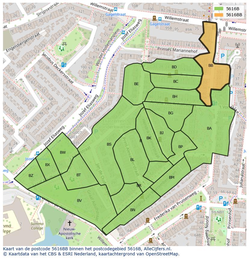 Afbeelding van het postcodegebied 5616 BB op de kaart.