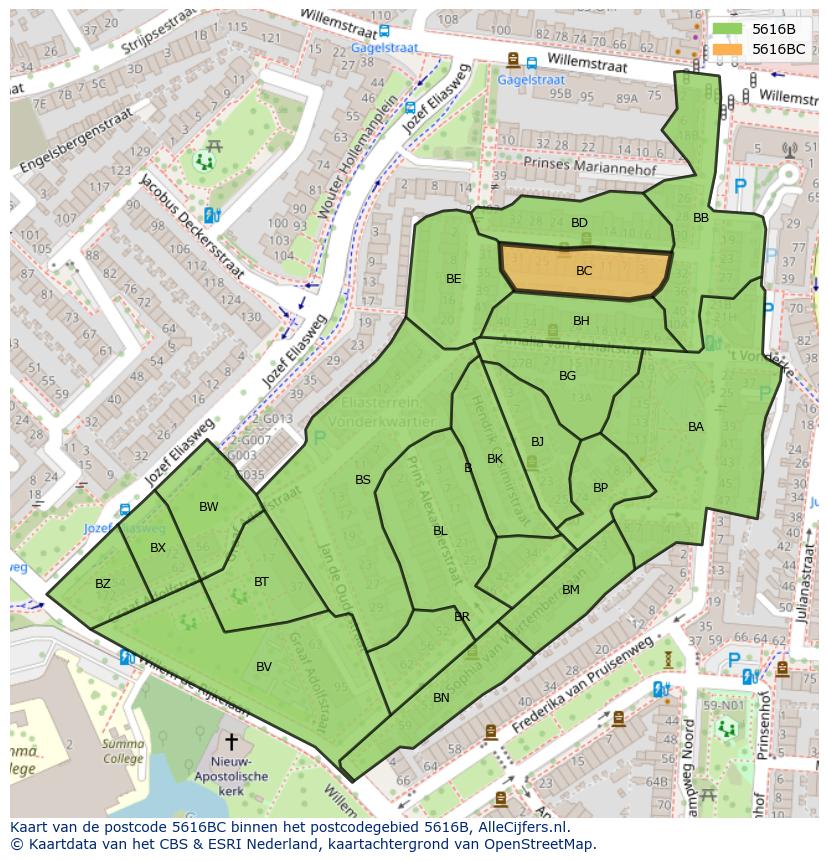 Afbeelding van het postcodegebied 5616 BC op de kaart.