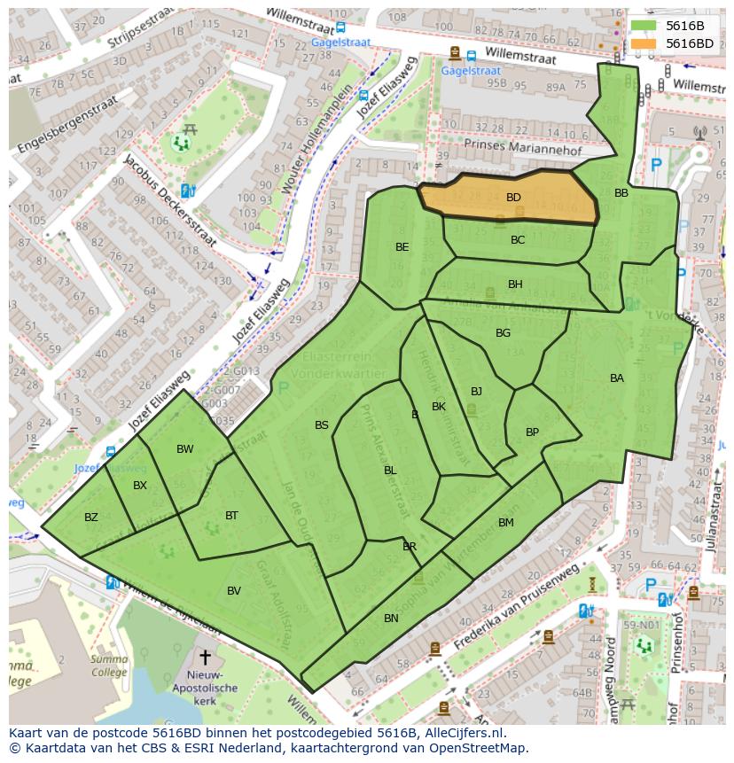 Afbeelding van het postcodegebied 5616 BD op de kaart.