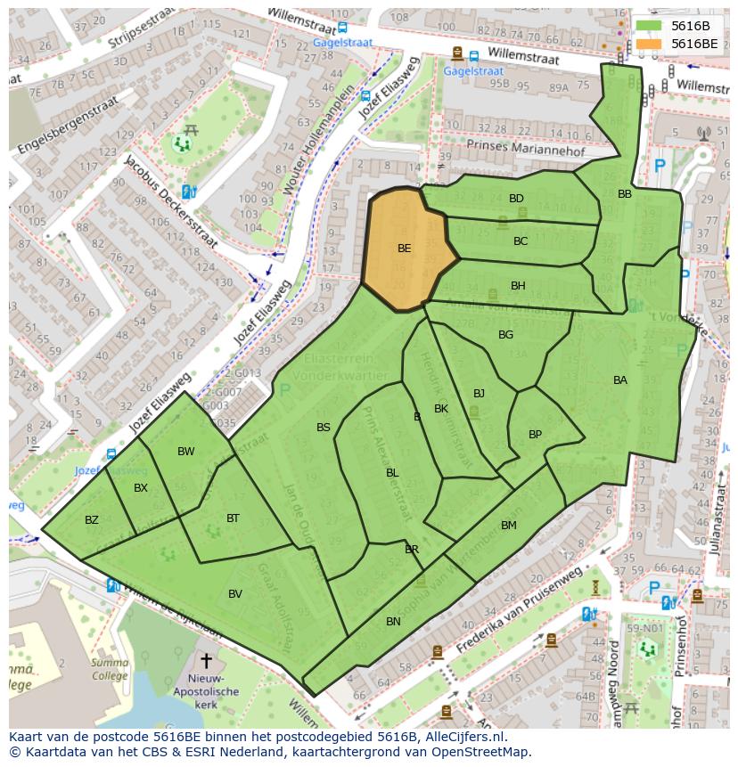 Afbeelding van het postcodegebied 5616 BE op de kaart.