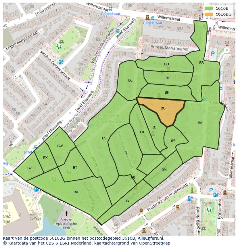 Afbeelding van het postcodegebied 5616 BG op de kaart.