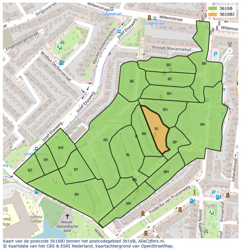 Afbeelding van het postcodegebied 5616 BJ op de kaart.