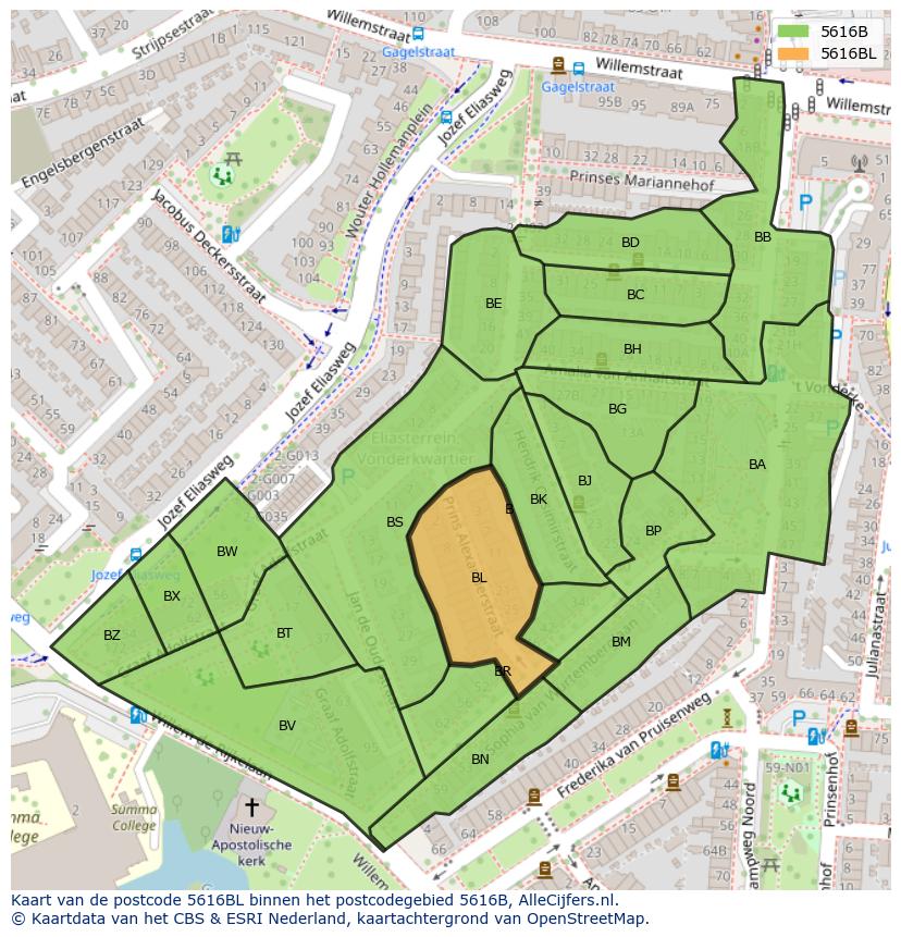 Afbeelding van het postcodegebied 5616 BL op de kaart.