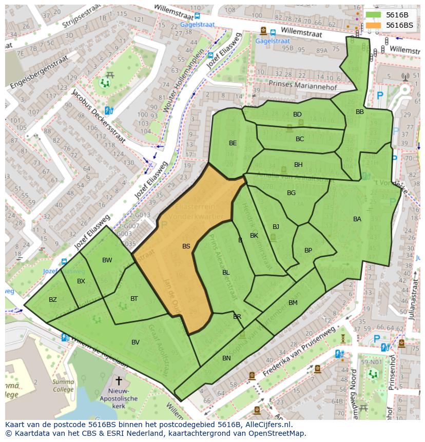 Afbeelding van het postcodegebied 5616 BS op de kaart.