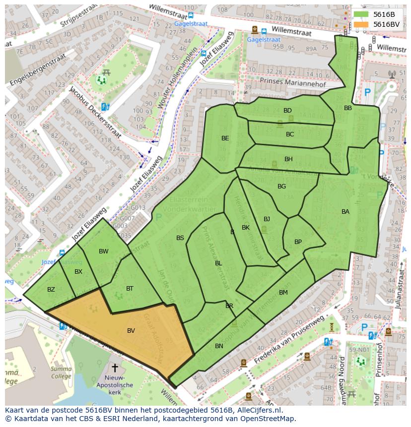 Afbeelding van het postcodegebied 5616 BV op de kaart.